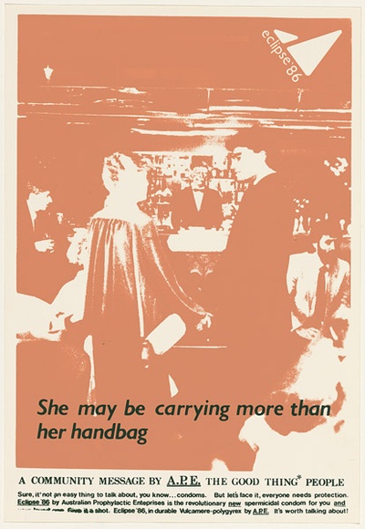 Artist: b'UNKNOWN' | Title: b'She may be carrying more than her handbag' | Date: 1988 | Technique: b'screenprint, printed in colour, from multiple stencils' Artist: b'UNKNOWN' | Title: b'She may be carrying more than her handbag' | Date: 1988 | Technique: b'screenprint, printed in colour, from multiple stencils'