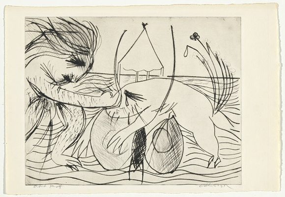 Artist: b'BOYD, Arthur' | Title: b'Figure with beast and moth over water.' | Date: (1968-69) | Technique: b'drypoint, printed in black ink, from one plate' | Copyright: b'Reproduced with permission of Bundanon Trust' Artist: b'BOYD, Arthur' | Title: b'Figure with beast and moth over water.' | Date: (1968-69) | Technique: b'drypoint, printed in black ink, from one plate' | Copyright: b'Reproduced with permission of Bundanon Trust'