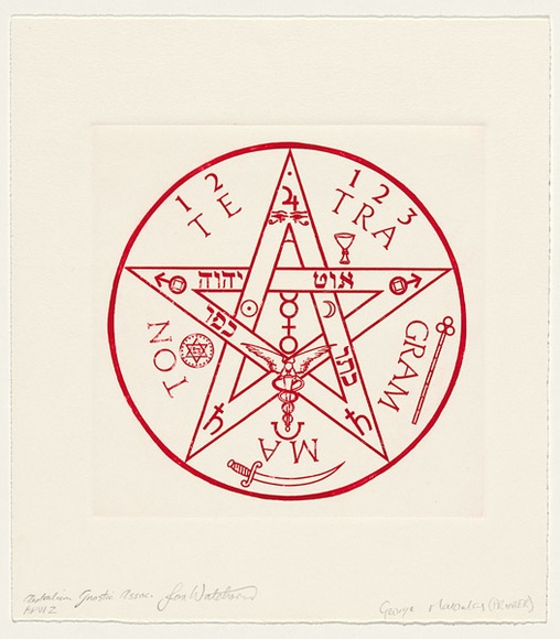 Artist: b'MATOULAS, George' | Title: b'not titled (print for Australian Gnostic Association, red star in circle)' | Date: 1991, September | Technique: b'photo-etching, printed in red ink, from one plate' Artist: b'MATOULAS, George' | Title: b'not titled (print for Australian Gnostic Association, red star in circle)' | Date: 1991, September | Technique: b'photo-etching, printed in red ink, from one plate'