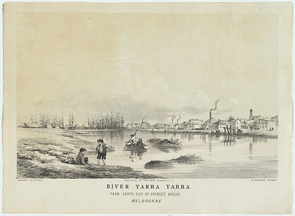 Artist: b'Thomas, Edmund.' | Title: bRiver Yarra Yarra from south side of Prince's Bridge, Melbourne. | Date: 1853 | Technique: b'chalk-lithograph, printed in colour, from two stones' Artist: b'Thomas, Edmund.' | Title: bRiver Yarra Yarra from south side of Prince's Bridge, Melbourne. | Date: 1853 | Technique: b'chalk-lithograph, printed in colour, from two stones'