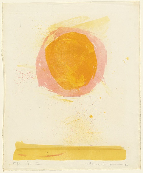 Artist: b'MACQUEEN, Mary' | Title: b'Sun I' | Date: 1970 | Technique: b'lithograph, printed in colour, from two plates; in pink and yellow ink' | Copyright: b'Courtesy Paulette Calhoun, for the estate of Mary Macqueen' Artist: b'MACQUEEN, Mary' | Title: b'Sun I' | Date: 1970 | Technique: b'lithograph, printed in colour, from two plates; in pink and yellow ink' | Copyright: b'Courtesy Paulette Calhoun, for the estate of Mary Macqueen'