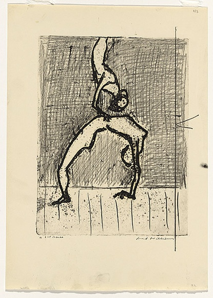 Artist: b'WILLIAMS, Fred' | Title: b'Tumblers. Number 2' | Date: 1967 | Technique: b'etching, deep etching, foul biting, mezzotint rocker, printed in black ink, from one plate; pencil additions' | Copyright: b'\xc2\xa9 Fred Williams Estate' Artist: b'WILLIAMS, Fred' | Title: b'Tumblers. Number 2' | Date: 1967 | Technique: b'etching, deep etching, foul biting, mezzotint rocker, printed in black ink, from one plate; pencil additions' | Copyright: b'\xc2\xa9 Fred Williams Estate'