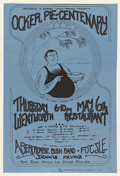 Artist: b'EARTHWORKS POSTER COLLECTIVE' | Title: b'Ocker pie-centenary' | Date: 1976 | Technique: b'screenprint, printed in black ink, from one stencil' Artist: b'EARTHWORKS POSTER COLLECTIVE' | Title: b'Ocker pie-centenary' | Date: 1976 | Technique: b'screenprint, printed in black ink, from one stencil'