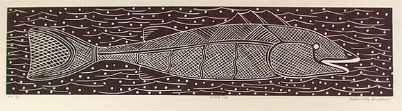 Artist: b'Puruntatameri, Patrick (Andrew) Freddy.' | Title: b'Queen fish' | Date: 1996, June | Technique: b'linocut, printed in black ink, from one block' | Copyright: b'\xc2\xa9 Courtesy Patrick Freddy Puruntatameri & Jilamara Arts and Craft' Artist: b'Puruntatameri, Patrick (Andrew) Freddy.' | Title: b'Queen fish' | Date: 1996, June | Technique: b'linocut, printed in black ink, from one block' | Copyright: b'\xc2\xa9 Courtesy Patrick Freddy Puruntatameri & Jilamara Arts and Craft'