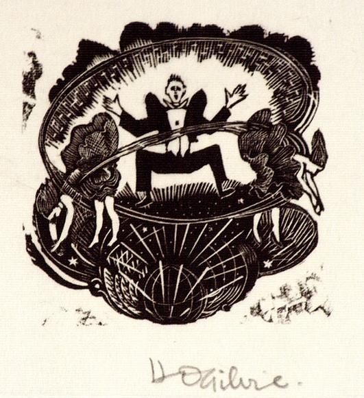 Artist: b'OGILVIE, Helen' | Title: b'(Man leaping, two women bending down)' | Date: (1953) | Technique: b'wood-engraving, printed in black ink, from one block' Artist: b'OGILVIE, Helen' | Title: b'(Man leaping, two women bending down)' | Date: (1953) | Technique: b'wood-engraving, printed in black ink, from one block'