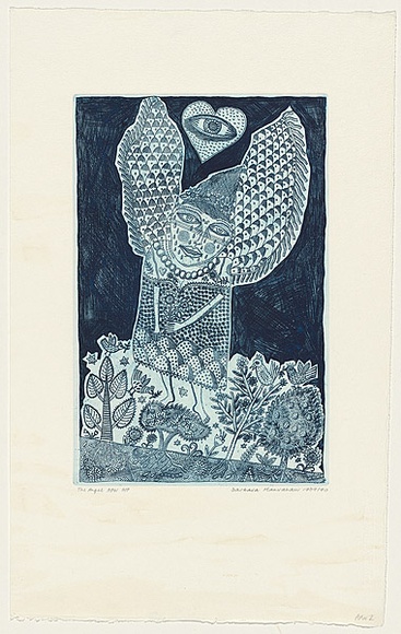 Artist: b'HANRAHAN, Barbara' | Title: b'The angel' | Date: 1989-1990 | Technique: b'etching, printed in blue ink with plate-tone, from one plate' Artist: b'HANRAHAN, Barbara' | Title: b'The angel' | Date: 1989-1990 | Technique: b'etching, printed in blue ink with plate-tone, from one plate'