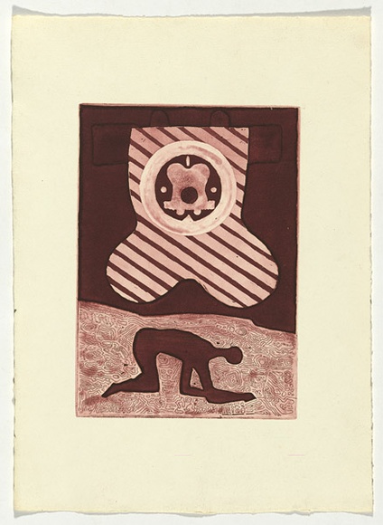 Artist: b'SELLBACH, Udo' | Title: b'(Crouching man and target)' | Technique: b'etching and aquatint printed in red ink, from one plate' Artist: b'SELLBACH, Udo' | Title: b'(Crouching man and target)' | Technique: b'etching and aquatint printed in red ink, from one plate'