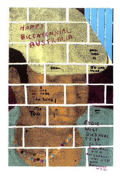 Artist: b'FINCH, Lyn' | Title: b'Eddie West died here.' | Date: 1987 | Technique: b'screenprint, printed in colour, from seven stencils' Artist: b'FINCH, Lyn' | Title: b'Eddie West died here.' | Date: 1987 | Technique: b'screenprint, printed in colour, from seven stencils'