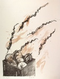 Artist: Weiss, Rosie. | Title: not titled [pods in a box with 5 diagonal forms] | Date: 1981 | Technique: lithograph, printed in colour, from multiple stones
