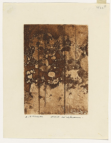 Artist: b'WILLIAMS, Fred' | Title: b'Landscape panel. Number 3' | Date: 1962 | Technique: b'sugar aquatint, engraving and drypoint, printed in sepia ink, from one zinc plate' | Copyright: b'\xc2\xa9 Fred Williams Estate' Artist: b'WILLIAMS, Fred' | Title: b'Landscape panel. Number 3' | Date: 1962 | Technique: b'sugar aquatint, engraving and drypoint, printed in sepia ink, from one zinc plate' | Copyright: b'\xc2\xa9 Fred Williams Estate'