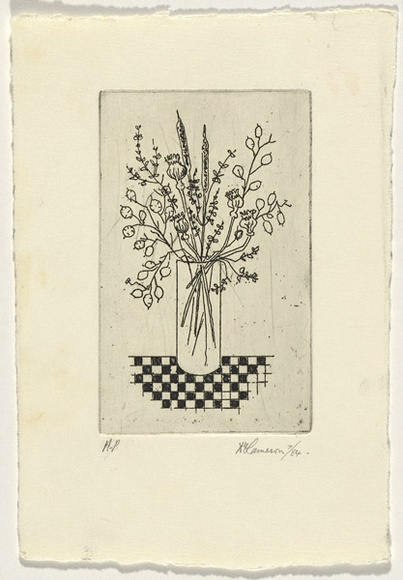 Artist: b'Cameron, Diana.' | Title: b'(Vase of flowers).' | Date: 1984, July | Technique: b'aquatint and etching, printed in black ink, from one plate' Artist: b'Cameron, Diana.' | Title: b'(Vase of flowers).' | Date: 1984, July | Technique: b'aquatint and etching, printed in black ink, from one plate'