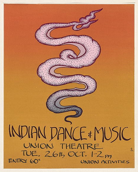 Artist: b'EARTHWORKS POSTER COLLECTIVE' | Title: b'Indian dance & music, Union Theatre.' | Date: 1976 | Technique: b'screenprint, printed in colour, from four stencils' Artist: b'EARTHWORKS POSTER COLLECTIVE' | Title: b'Indian dance & music, Union Theatre.' | Date: 1976 | Technique: b'screenprint, printed in colour, from four stencils'