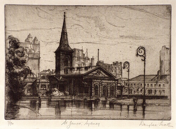 Artist: b'Pratt, Douglas.' | Title: b'St.James, Sydney' | Date: 1938 | Technique: b'etching, printed in brown ink, from one plate' Artist: b'Pratt, Douglas.' | Title: b'St.James, Sydney' | Date: 1938 | Technique: b'etching, printed in brown ink, from one plate'