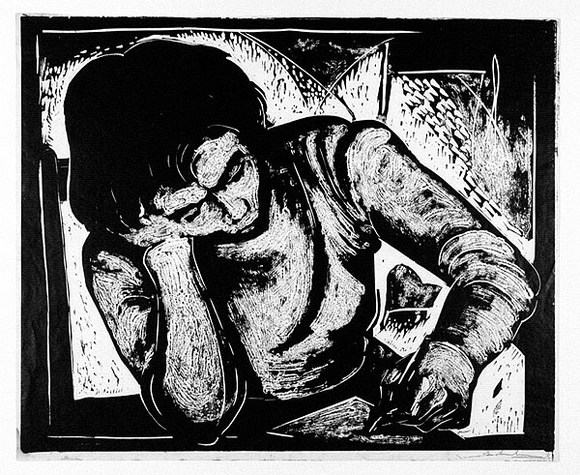 Artist: b'Armstrong, Ian.' | Title: b'(Woman writing).' | Date: c.1954 | Technique: b'lithograph, printed in black ink, from one plate' Artist: b'Armstrong, Ian.' | Title: b'(Woman writing).' | Date: c.1954 | Technique: b'lithograph, printed in black ink, from one plate'