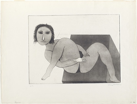 Artist: b'BALDESSIN, George' | Title: b'Performer.' | Date: 1968 | Technique: b'etching and aquatint, printed in black ink, from one plate' Artist: b'BALDESSIN, George' | Title: b'Performer.' | Date: 1968 | Technique: b'etching and aquatint, printed in black ink, from one plate'