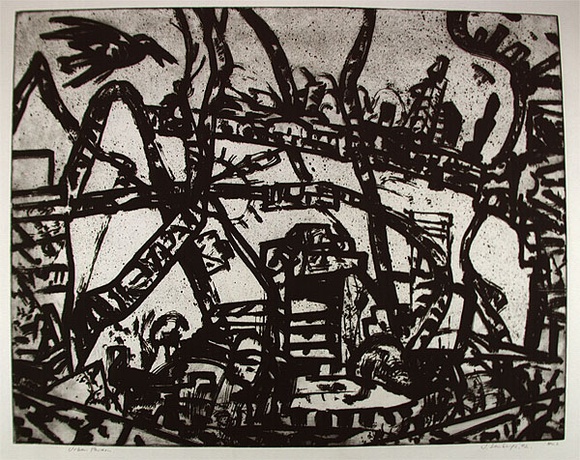Artist: b'Senbergs, Jan.' | Title: b'Urban garden' | Date: 1992 | Technique: b'etching, printed in black ink, from one plate' | Copyright: b'\xc2\xa9 Jan Senbergs' Artist: b'Senbergs, Jan.' | Title: b'Urban garden' | Date: 1992 | Technique: b'etching, printed in black ink, from one plate' | Copyright: b'\xc2\xa9 Jan Senbergs'