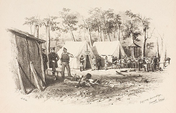 Artist: b'GILL, S.T.' | Title: b'Diggers licensing, Forrest Creek.' | Date: 1852 | Technique: b'lithograph, printed in black ink, from one stone' Artist: b'GILL, S.T.' | Title: b'Diggers licensing, Forrest Creek.' | Date: 1852 | Technique: b'lithograph, printed in black ink, from one stone'