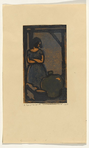 Artist: b'Crombie, Peggy.' | Title: b'Girl with green bottle.' | Date: 1925 | Technique: b'linocut, printed in colour, from multiple blocks' Artist: b'Crombie, Peggy.' | Title: b'Girl with green bottle.' | Date: 1925 | Technique: b'linocut, printed in colour, from multiple blocks'