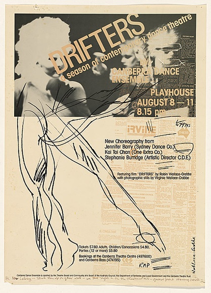 Title: b'Drifters: a season of contemporary dance theatre' | Date: 1984 | Technique: b'screenprint, printed in colour, from multiple stencils' Title: b'Drifters: a season of contemporary dance theatre' | Date: 1984 | Technique: b'screenprint, printed in colour, from multiple stencils'