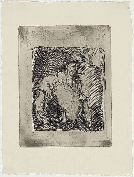 Artist: b'Dyson, Edward Ambrose.' | Title: b'(Digger smoking a pipe).' | Date: c.1942 | Technique: b'etching, lavis, printed in black ink, from one zinc plate' Artist: b'Dyson, Edward Ambrose.' | Title: b'(Digger smoking a pipe).' | Date: c.1942 | Technique: b'etching, lavis, printed in black ink, from one zinc plate'