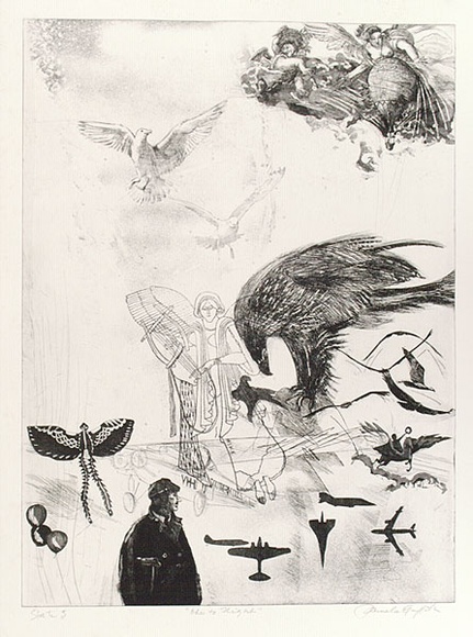 Artist: b'GRIFFITH, Pamela' | Title: b'Ode to flight' | Date: 1980 | Technique: b'etching, soft ground, hard ground, rocker, aquatint, second hard ground and sandpaper lift, spray & spatter resist printed, from one zinc plate' | Copyright: b'\xc2\xa9 Pamela Griffith' Artist: b'GRIFFITH, Pamela' | Title: b'Ode to flight' | Date: 1980 | Technique: b'etching, soft ground, hard ground, rocker, aquatint, second hard ground and sandpaper lift, spray & spatter resist printed, from one zinc plate' | Copyright: b'\xc2\xa9 Pamela Griffith'
