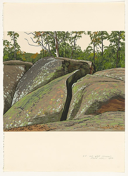 Artist: b'Rose, David.' | Title: b'Rock split (Lisarow)' | Date: 1984 | Technique: b'screenprint, printed in colour, from multiple stencils' Artist: b'Rose, David.' | Title: b'Rock split (Lisarow)' | Date: 1984 | Technique: b'screenprint, printed in colour, from multiple stencils'