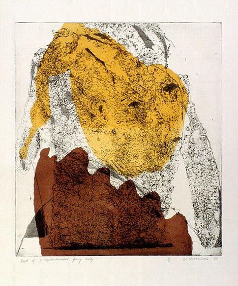 Artist: b'Clutterbuck, Jock.' | Title: b'Head of a sophisticated young lady.' | Date: 1966 | Technique: b'etching and aquatint, printed in colour, from multiple plates' Artist: b'Clutterbuck, Jock.' | Title: b'Head of a sophisticated young lady.' | Date: 1966 | Technique: b'etching and aquatint, printed in colour, from multiple plates'