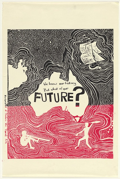 Artist: b'Giles (Kurwingie), Kerry.' | Title: b'We know our history' | Date: 1992 | Technique: b'linocut, printed in colour, from one block; two colour roll' Artist: b'Giles (Kurwingie), Kerry.' | Title: b'We know our history' | Date: 1992 | Technique: b'linocut, printed in colour, from one block; two colour roll'