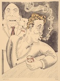 Artist: Hay, Bill. | Title: Murray and Loob play up at the Shaker | Date: 1989, June - August | Technique: lithograph, printed in black ink, from one stone; hand-coloured