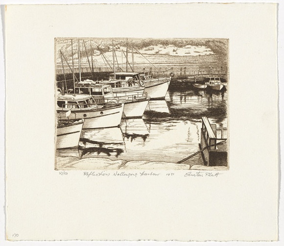 Artist: b'PLATT, Austin' | Title: b'Reflections, Wollongong harbour' | Date: 1981 | Technique: b'etching, printed in black ink, from one plate' Artist: b'PLATT, Austin' | Title: b'Reflections, Wollongong harbour' | Date: 1981 | Technique: b'etching, printed in black ink, from one plate'