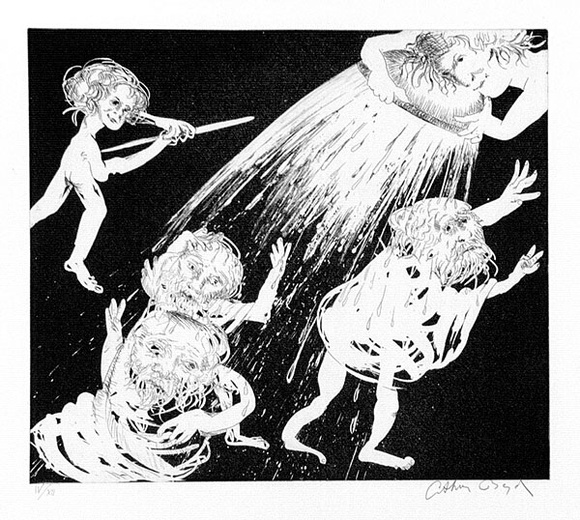 Artist: b'BOYD, Arthur' | Title: b'The women defend themselves?.' | Date: 1970 | Technique: b'etching and aquatint, printed in black ink, from one plate' Artist: b'BOYD, Arthur' | Title: b'The women defend themselves?.' | Date: 1970 | Technique: b'etching and aquatint, printed in black ink, from one plate'