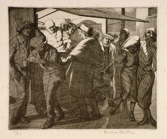 Artist: b'Hawkins, Weaver.' | Title: b'Coffee stall' | Date: 1921 | Technique: b'etching, printed in black ink, from one plate' | Copyright: b'The Estate of H.F Weaver Hawkins' Artist: b'Hawkins, Weaver.' | Title: b'Coffee stall' | Date: 1921 | Technique: b'etching, printed in black ink, from one plate' | Copyright: b'The Estate of H.F Weaver Hawkins'