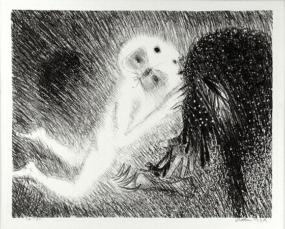 Artist: b'BOYD, Arthur' | Title: b'St Francis kissing the Wolf of Gubbio.' | Date: (1965) | Technique: b'lithograph, printed in black ink, from one plate' | Copyright: b'Reproduced with permission of Bundanon Trust' Artist: b'BOYD, Arthur' | Title: b'St Francis kissing the Wolf of Gubbio.' | Date: (1965) | Technique: b'lithograph, printed in black ink, from one plate' | Copyright: b'Reproduced with permission of Bundanon Trust'