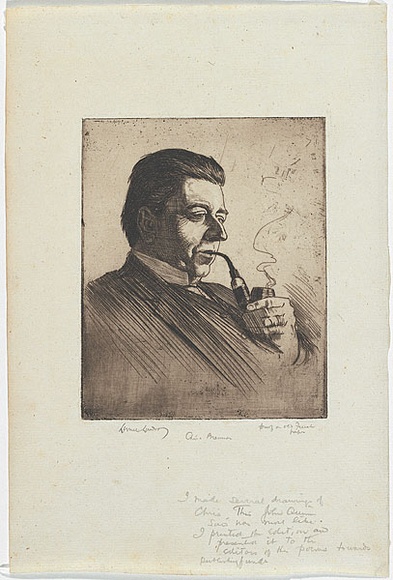 Artist: b'LINDSAY, Lionel' | Title: b'Portrait of Christopher Brennan' | Date: 1914 | Technique: b'etching, foul-biting and roulette, printed in brown ink, from one plate' | Copyright: b'Courtesy of the National Library of Australia' Artist: b'LINDSAY, Lionel' | Title: b'Portrait of Christopher Brennan' | Date: 1914 | Technique: b'etching, foul-biting and roulette, printed in brown ink, from one plate' | Copyright: b'Courtesy of the National Library of Australia'