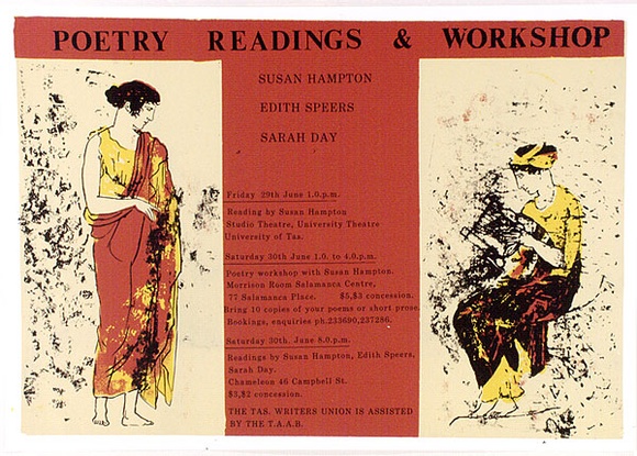 Artist: b'Burrows, Lola.' | Title: b'Poetry readings and workshop.' | Date: 1984 | Technique: b'screenprint, printed in colour, from four stencils' Artist: b'Burrows, Lola.' | Title: b'Poetry readings and workshop.' | Date: 1984 | Technique: b'screenprint, printed in colour, from four stencils'