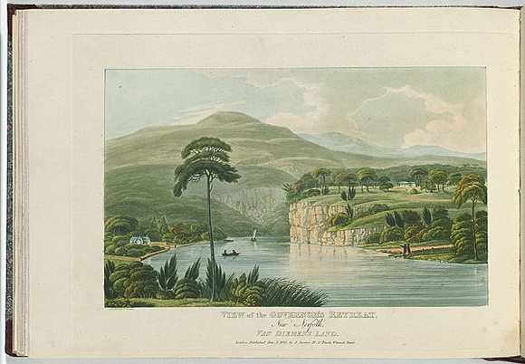 Artist: b'Lycett, Joseph.' | Title: bView of the Governor's Retreat, New Norfolk, Van Diemen's Land. | Date: 1825 | Technique: b'etching and aquatint, printed in black ink, from one copper plate; hand-coloured' Artist: b'Lycett, Joseph.' | Title: bView of the Governor's Retreat, New Norfolk, Van Diemen's Land. | Date: 1825 | Technique: b'etching and aquatint, printed in black ink, from one copper plate; hand-coloured'