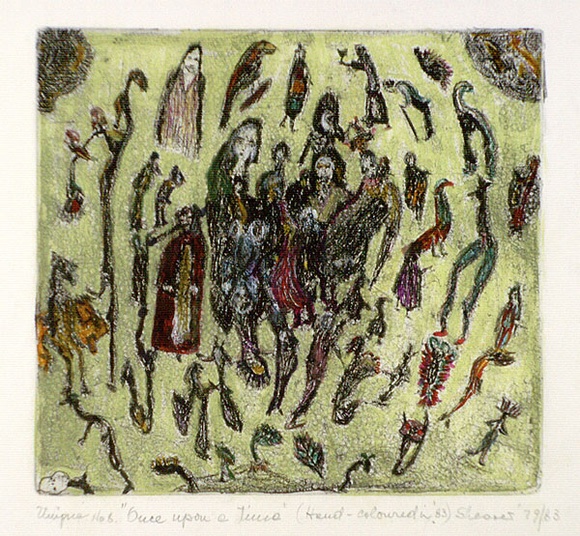 Artist: b'Shearer, Mitzi.' | Title: b'Once upon a time' | Date: 1979-83 | Technique: b'etching, drypoint, printed in black ink with plate-tone, from one plate, hand-coloured' Artist: b'Shearer, Mitzi.' | Title: b'Once upon a time' | Date: 1979-83 | Technique: b'etching, drypoint, printed in black ink with plate-tone, from one plate, hand-coloured'