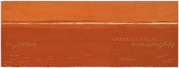 Artist: b'MADDOCK, Bea' | Title: b'Terra Spiritus...with a darker shade of pale' | Date: 1993-98 | Technique: b'stencil print, printed in hand-ground Launceston ochre from multiple hand-cut mylar stencils; letterpress text blind printed; hand-drawn script' Artist: b'MADDOCK, Bea' | Title: b'Terra Spiritus...with a darker shade of pale' | Date: 1993-98 | Technique: b'stencil print, printed in hand-ground Launceston ochre from multiple hand-cut mylar stencils; letterpress text blind printed; hand-drawn script'