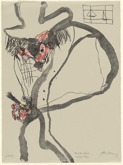 Artist: b'Olsen, John.' | Title: b'The old artist - Lloyd Rees.' | Date: 1989, February | Technique: b'lithograph, printed in black ink, from one plate; hand-coloured, additions in pastel' | Copyright: b'\xc2\xa9 John Olsen. Licensed by VISCOPY, Australia' Artist: b'Olsen, John.' | Title: b'The old artist - Lloyd Rees.' | Date: 1989, February | Technique: b'lithograph, printed in black ink, from one plate; hand-coloured, additions in pastel' | Copyright: b'\xc2\xa9 John Olsen. Licensed by VISCOPY, Australia'