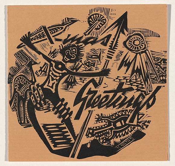 Artist: b'Ratas, Vaclovas.' | Title: b'Greeting card: Aborigine with spear and aboriginal motifs.' | Date: (1951) | Technique: b'woodcut, printed in black ink, from one block' Artist: b'Ratas, Vaclovas.' | Title: b'Greeting card: Aborigine with spear and aboriginal motifs.' | Date: (1951) | Technique: b'woodcut, printed in black ink, from one block'