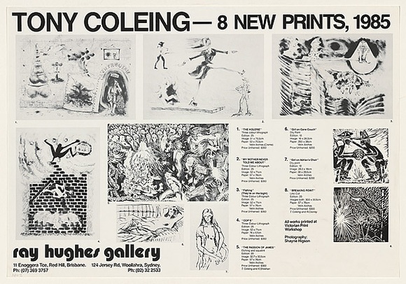 Artist: b'COLEING, Tony' | Title: b'Tony Coleing - 8 new prints, 1985' | Date: 1985 | Technique: b'offset-lithograph, printed in black ink, from multiple plates'