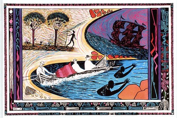 Artist: b'McMahon, Marie.' | Title: bWooreddy's vision - Trugananas' sisters | Date: 1988 | Technique: b'screenprint, printed in colour, from multiple stencils' | Copyright: b'\xc2\xa9 Marie McMahon. Licensed by VISCOPY, Australia' Artist: b'McMahon, Marie.' | Title: bWooreddy's vision - Trugananas' sisters | Date: 1988 | Technique: b'screenprint, printed in colour, from multiple stencils' | Copyright: b'\xc2\xa9 Marie McMahon. Licensed by VISCOPY, Australia'