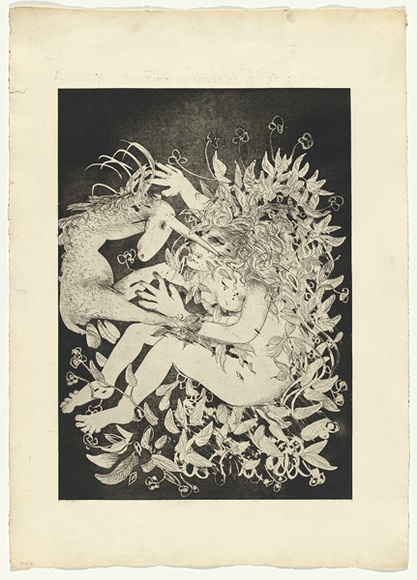 Artist: b'BOYD, Arthur' | Title: b'(Lady and unicorn wrapped in foliage).' | Date: 1973-74 | Technique: b'aquatint, printed in black ink, from one plate' | Copyright: b'Reproduced with permission of Bundanon Trust' Artist: b'BOYD, Arthur' | Title: b'(Lady and unicorn wrapped in foliage).' | Date: 1973-74 | Technique: b'aquatint, printed in black ink, from one plate' | Copyright: b'Reproduced with permission of Bundanon Trust'
