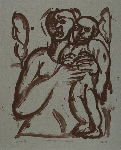 Artist: b'Furlonger, Joe.' | Title: b'Madonna and child' | Date: 1989 | Technique: b'etching, printed in deep red ink, from one plate' Artist: b'Furlonger, Joe.' | Title: b'Madonna and child' | Date: 1989 | Technique: b'etching, printed in deep red ink, from one plate'