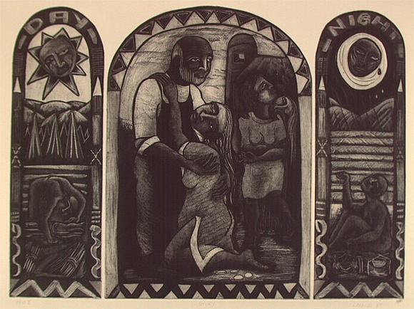 Artist: b'Harding, Richard.' | Title: b'Story' | Date: 1989 | Technique: b'etching, printed in black ink, from multiple plates' Artist: b'Harding, Richard.' | Title: b'Story' | Date: 1989 | Technique: b'etching, printed in black ink, from multiple plates'