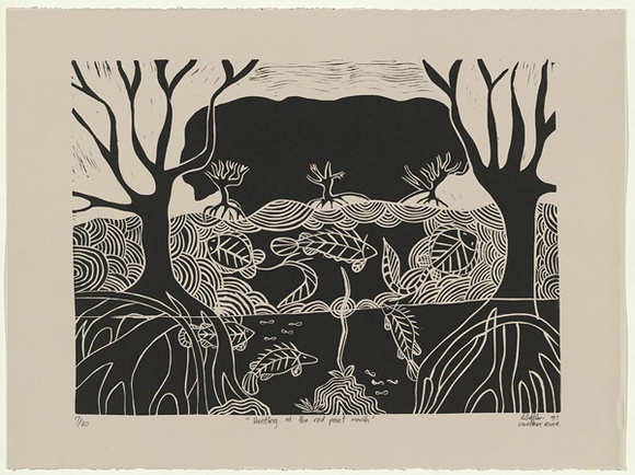 Artist: b'Hobson, Silas.' | Title: b'Hunting at the red point mouth' | Date: 1997, July | Technique: b'linocut, printed in black ink, from one block' Artist: b'Hobson, Silas.' | Title: b'Hunting at the red point mouth' | Date: 1997, July | Technique: b'linocut, printed in black ink, from one block'