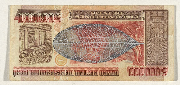 Artist: b'HALL, Fiona' | Title: b'Erythroxylon coca - Coca (Peruvian currency)' | Date: 2000 - 2002 | Technique: b'gouache' | Copyright: b'\xc2\xa9 Fiona Hall' Artist: b'HALL, Fiona' | Title: b'Erythroxylon coca - Coca (Peruvian currency)' | Date: 2000 - 2002 | Technique: b'gouache' | Copyright: b'\xc2\xa9 Fiona Hall'