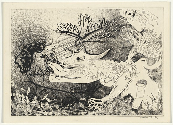 Artist: b'BOYD, Arthur' | Title: b'Hypnotized soldier with a cow.' | Date: (1968-69) | Technique: b'etching, printed in black ink, from one plate' | Copyright: b'Reproduced with permission of Bundanon Trust' Artist: b'BOYD, Arthur' | Title: b'Hypnotized soldier with a cow.' | Date: (1968-69) | Technique: b'etching, printed in black ink, from one plate' | Copyright: b'Reproduced with permission of Bundanon Trust'