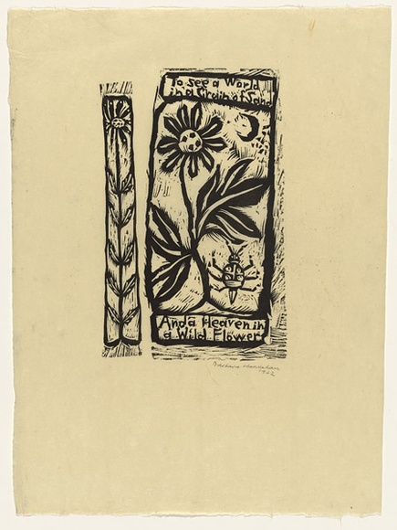 Artist: b'HANRAHAN, Barbara' | Title: b'To see a world in a grain of sand and a heaven in a wild flower' | Date: 1962 | Technique: b'linocut, printed in black ink, from one block' Artist: b'HANRAHAN, Barbara' | Title: b'To see a world in a grain of sand and a heaven in a wild flower' | Date: 1962 | Technique: b'linocut, printed in black ink, from one block'