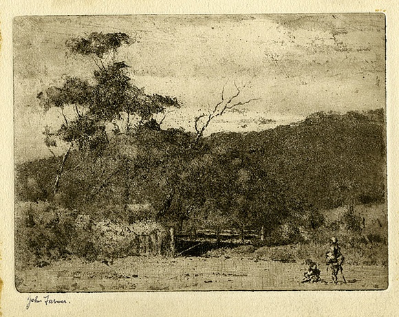 Artist: b'Farmer, John.' | Title: b'The little bridge, Bruny Island, Tasmania.' | Date: c.1955 | Technique: b'aquatint and etching, printed in brown ink with plate-tone, from one plate' Artist: b'Farmer, John.' | Title: b'The little bridge, Bruny Island, Tasmania.' | Date: c.1955 | Technique: b'aquatint and etching, printed in brown ink with plate-tone, from one plate'